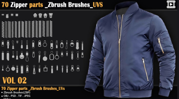 ZBrush拉链笔刷预设70组 Artstation – 70 Zipper Parts – Zbrush Brushes – UVS-喵星资源网