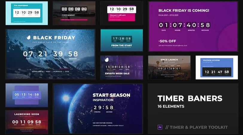 AE/PR模板 60组时尚创意图形数字计时器播放器倒计时动画 Timer & Player Toolkit-喵星资源网